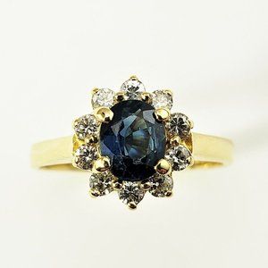 18 Karat Yellow Gold Synthetic Sapphire and Diamond Ring